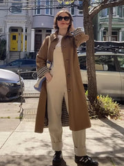 Woman Casual Long Trench Coats Khaki Plaid Lined Lapel Single Breasted Jacket With Pocket 2024 Autumn Chic Lady Commute Outwear