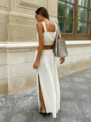 TAVIMART  -  Wolfeel Summer Cotton Linen Women's Suspender Half Skirt Set Chic Short Vest Casual Set Female Split Long Skirt Matching Sets