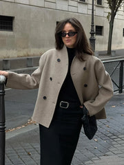 Elegant Wool Women's Coats Loose Casual Double Breasted Stand Collar Short Jacket 2024 Fall Winter Coat Female Commute Outerwear