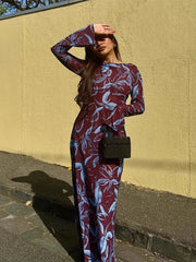 Retro Printed O-neck Holiday Dress Women Elegant Full Sleeve Waist-cinching Long Dresses Female 2025 Summer Chic Street Vestidos