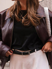 Solid Zipper Leather Jacket For Women Casual Turn-down Collar Long Sleeve Female Coat 2024 New Autumn Casual Ladies Outerwears