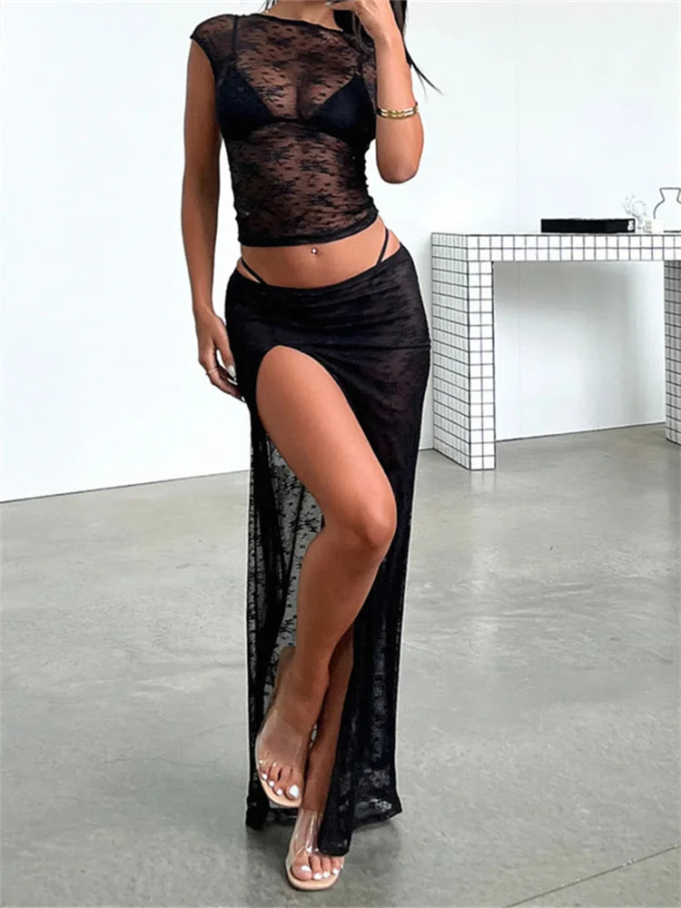 JuliaFashion - Lace Mesh See Through Lace-up Y2K Backless Skirt Suits