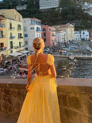 Summer Vacation Elegant Backless Square Neck Long Dress Sexy Lace Up High Waist Slim Dresses Lady Holiday Beachwear