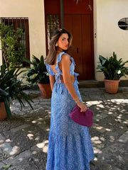Blue Hollow Out Embroidered Midi Dress Women Summer New V Neck Sleeveless Ruffle Long Dresses Elegant Fashion Holiday Vestidos