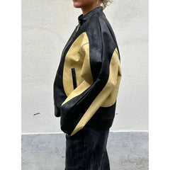 Vintage Patchwork Women's Leather Jacket Loose O-neck Long Sleeve Zipper Moto Biker Coats Autumn Lady Contrast Outwear Y2K