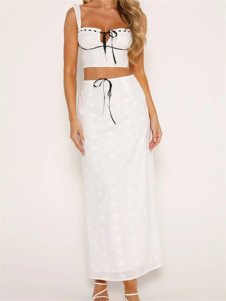 JuliaFashion - Embroidered Flower Sleeveless Tops High Waist Black Bow Long Skirts Suits