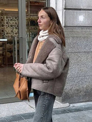 Elegant Lapel Women's Lamb Wool Splicing Suede Jacket Fashion Single Breasted Long Sleeve Thicken Warm Coat Lady Streetwear