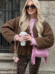 Brown Quilted Padded Suede Coat Women Long Sleeve Lace Up Cropped Jacket Autumn Winter Casual Lightweight New In Outerwears