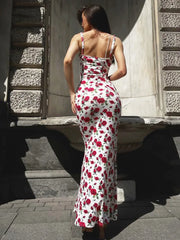 New Fashion Sleeveless Bodycon Floral Dresses High Street Sexy Woman Clothes Spaghetti Strap Slim Vacation Party Long Dress