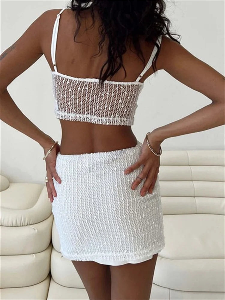 JuliaFashion - See Through Sleeveless Strap V-neck Tops High Waist Short Skirts Suits