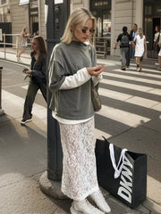 Fashion White Lace Skirts for Women Clothing New Summer Korean Gentle Hollow Jacquard Long Skirts Female Sexy Split Skirts 2024