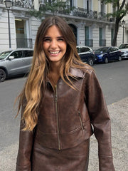 Retro Brown Leather Women's Jacket Skirt Set Fashion Turndown Collar Zipper Long Sleeve Jackets Casual Vintage Short Skirts Sets