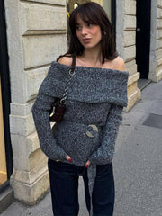 Vintage Off Shoulder Sweater With Belt Women Elegant Knitted Solid Thick Long Sleeve Sweaters Female Winter Chic Street Knitwear
