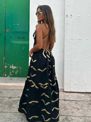 Sexy Backless Women Print Halter Maxi Dress Fashion Deep V-neck High Waist Split Dresses Summer Lady Loose High Street Robe