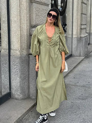 Casual Street Lace Up Long Dresses Women New Chic Loose V-neck Side Slit Solid Dress Female Summer Versatiel Street Party Robes