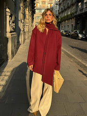 Causal Burgundy Women Autumn Full Sleeve Woolen Coat With Scarf Fashion Solid Single Breasted Jacket Female New Chic Office Wear