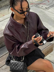 PU Leather Women Jackets Coats Casual Turn Down Collar Long Sleeve Zipper Female Motorcycle Top Coat Autumn Vintage Outwear