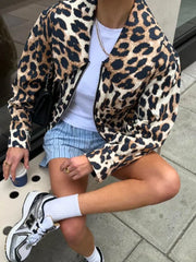 Women Casual Leopard Print Bomber Jacket Elegant Lapel Long Sleeves Zipper Pockets Loose Coat Autumn Lady High Streetwewar