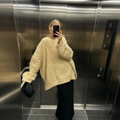 Oversized Knit Twist Pullovers Women Loose Lazy O-Neck Long Sleeve Solid Sweaters Female Autumn New Casual Street Knitwear