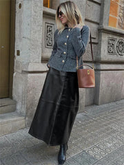 Black PU High Waist Long Skirt For Women Patchwork Casual Commute Slim Autumn Plaid Skirt Fashion Female Maxi Skirt