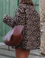 New Women's Leopard Fuzzy Fleece Jacket Long Sleeve Open Front Coats Lightweight Casual Outerwear with Pocket Thermal Top Jacket