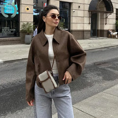 Vintage Solid Lapel Short Jacket Women Loose Long Sleeve Zipper Crop Coats Autumn New Lady Casual High Street Outwears