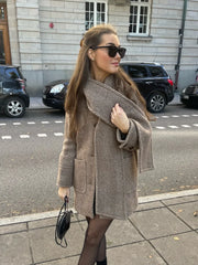 Retro Striped Scarf Collar Wool Blends Jacket Women Chic Pockets Single Breasted Full Sleeve Coat Lady New Elegant Outwear