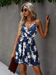 Floral Print Surplice Trendy Front Belted Cami Dress Navy Blue / S