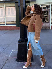 Solid Color Elegant Thicken Lapel Short Jacket Winter New Woman Single Breasted With Pockets Coat High Street Outerwear