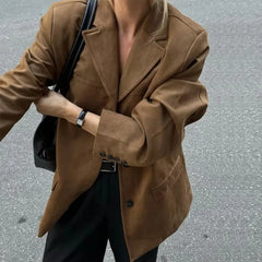 Vintage Lapel Pocket Suede Leather Jacket Women Fashion Loose Single Button Oversize Brown Coats Female Street Chic Clothes