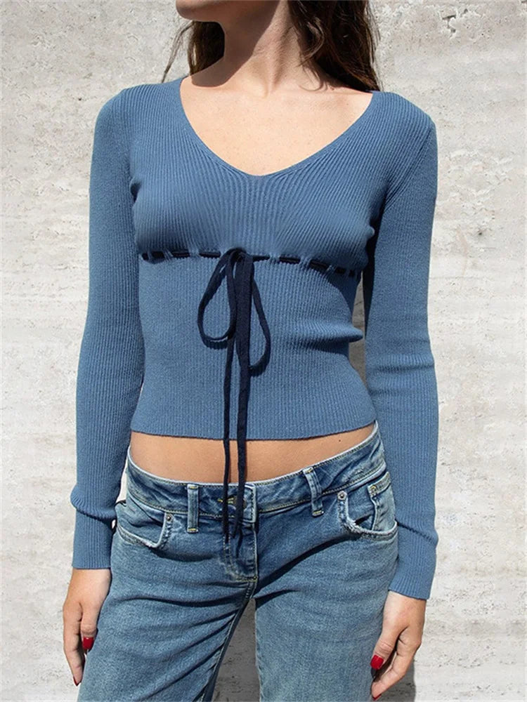 JuliaFashion - Vintage Knitted Solid Slim Fit V-neck Ribbed Lace-up Casual Pullovers Female New Sweater