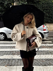 Chic One Button O-neck Woolen Coats For Women Fashion Long Sleeve Cropped Oversized Jackets Lady High Street Outerwear New