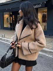 Women Contrasting One Button Lamb Woolen Coat Fashion Lapel Long Sleeves Short Plush Jacket Autumn Casual Lady Street Outwear