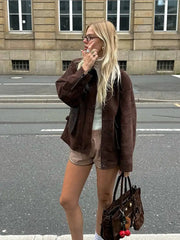 Fashion Lady Lapel Collar Pocket Woolen Short Coats Vintage Long Sleeve Solid Loose Women's Jackets Warm Winter Streetwear