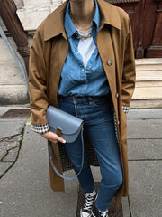 Woman Casual Long Trench Coats Khaki Plaid Lined Lapel Single Breasted Jacket With Pocket 2024 Autumn Chic Lady Commute Outwear