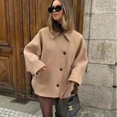 Diagonal Breasted Warm Loose Jacket Women Lapel Double Pocket Batwing Sleeve Solid Coats Winter Female Chic Vintage Outwear
