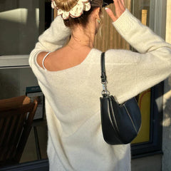 V-neck Solid Casual Sweater Simple All-match Cable-knit Knitwear Pullovers Fall Women Clothes Streetwear Loose Fit Tops