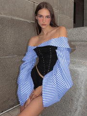 Fashion Chic Women Long Sleeve Striped Long Sleeve Corset Shirts + Shorts 2 Piece Sets High Street Tunics Bandage Female Suit