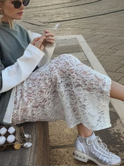 Fashion White Lace Skirts for Women Clothing New Summer Korean Gentle Hollow Jacquard Long Skirts Female Sexy Split Skirts 2024