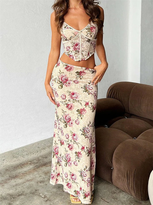 JuliaFashion - Sleeveless Strap V-neck Camis Tops High Split Long Skirts Suits