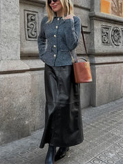 Black PU High Waist Long Skirt For Women Patchwork Casual Commute Slim Autumn Plaid Skirt Fashion Female Maxi Skirt