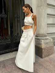 TAVIMART  -  Wolfeel Summer Cotton Linen Women's Suspender Half Skirt Set Chic Short Vest Casual Set Female Split Long Skirt Matching Sets