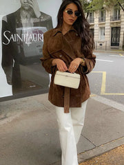 Autumn Fashion Lace Up Lapel Collar Suede Jacket Women Retro Double Breasted Long Sleeve Coat Lady Vintage Chic Windbreaker