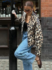 Women Casual Leopard Print Bomber Jacket Elegant Lapel Long Sleeves Zipper Pockets Loose Coat Autumn Lady High Streetwewar