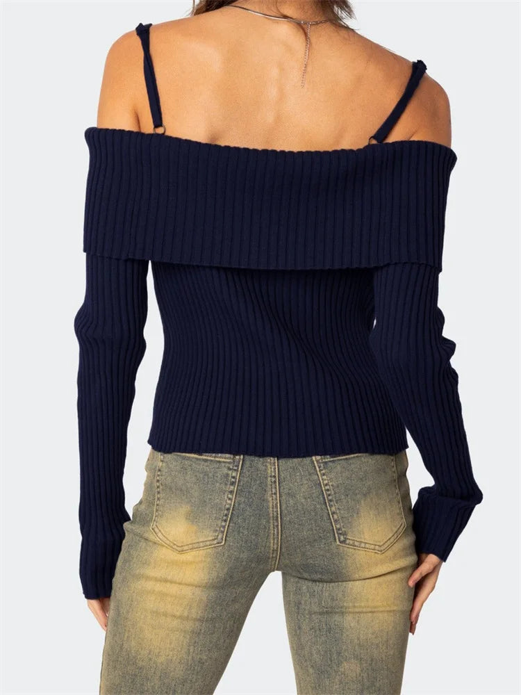 JuliaFashion - Fall Slim Knitted Solid Color Off Shoulder Strap Long Sleeve Knitwear Ribbed Buttons Up Pullovers Sweater