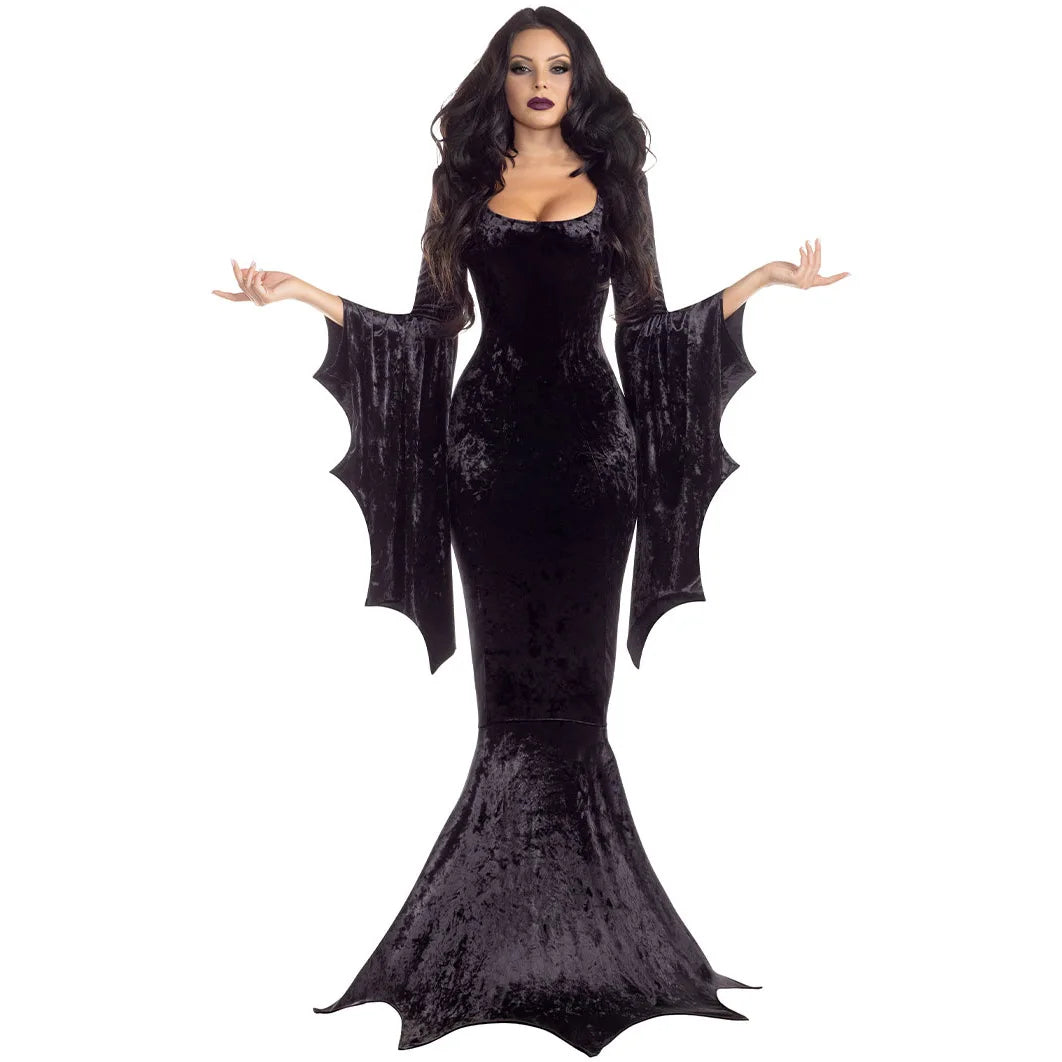 Velvet Vintage Black Morticia Mermaid Dress Women Halloween Cosplay Costume