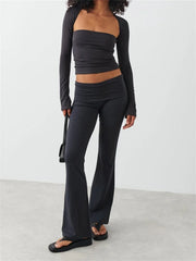JuliaFashion - Long Sleeve Square Neck Low Cut T-shirts Crop Tops Suits