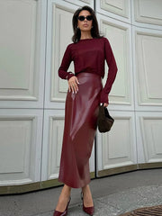 Retro Solid Color Leather Women's Skirt New Fashion Slim Fit Casual Long Skirts Autumn Elegant Vintage Split Skirt for Women