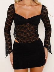 JuliaFashion - Sexy Lace Floral V-neck T-shirts Tops Black Mini Skirts Suits