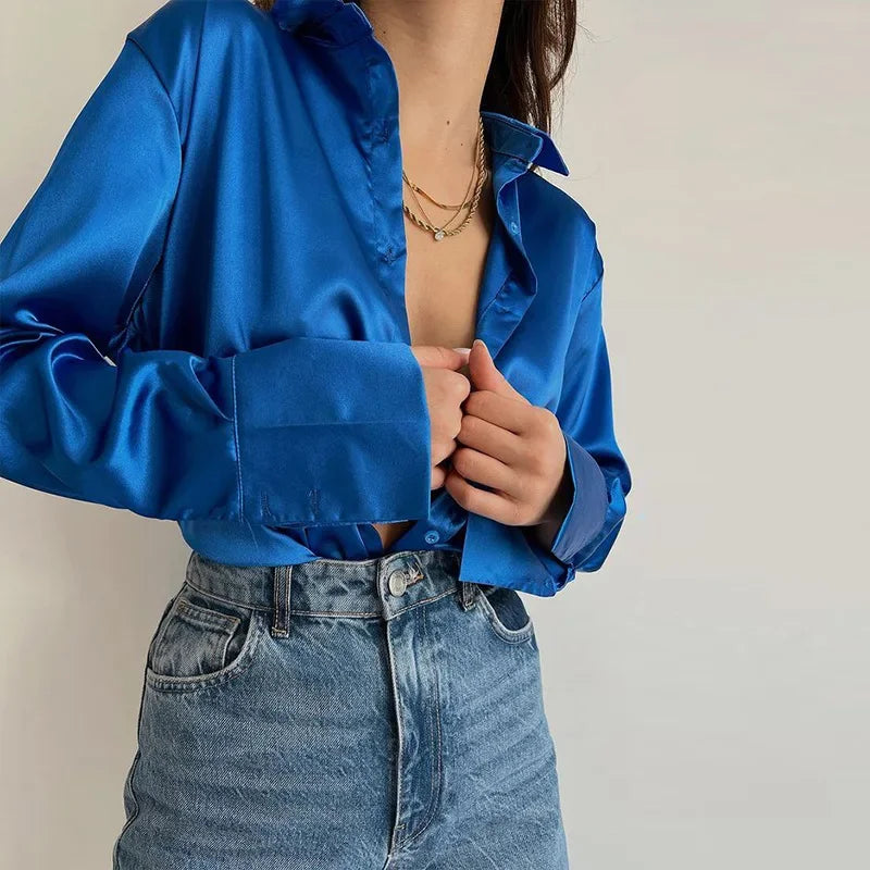 Button Up Satin Long Sleeve White Blouse blouse-250223
